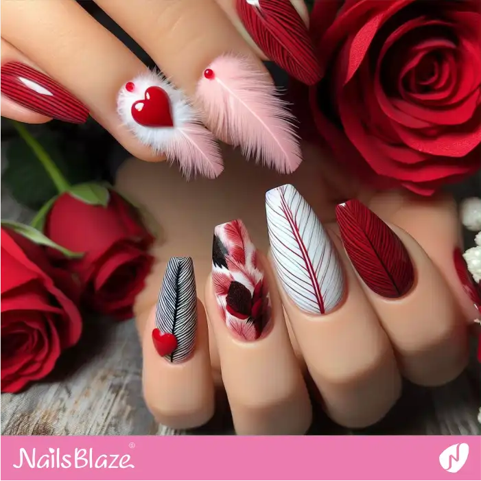 Hearts Nails with Feather Embellishment | Valentine Nails - NB2742